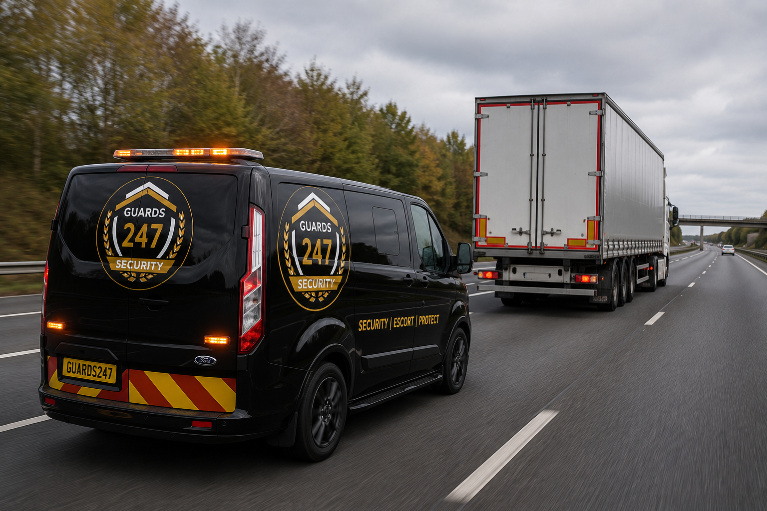 Guards 247 branded vehicle escorting an HGV