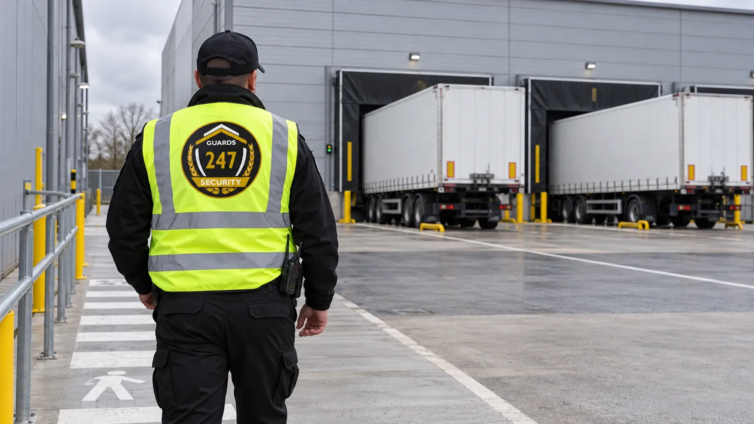 Security officer walking past warehouse loading bays with trailers docked