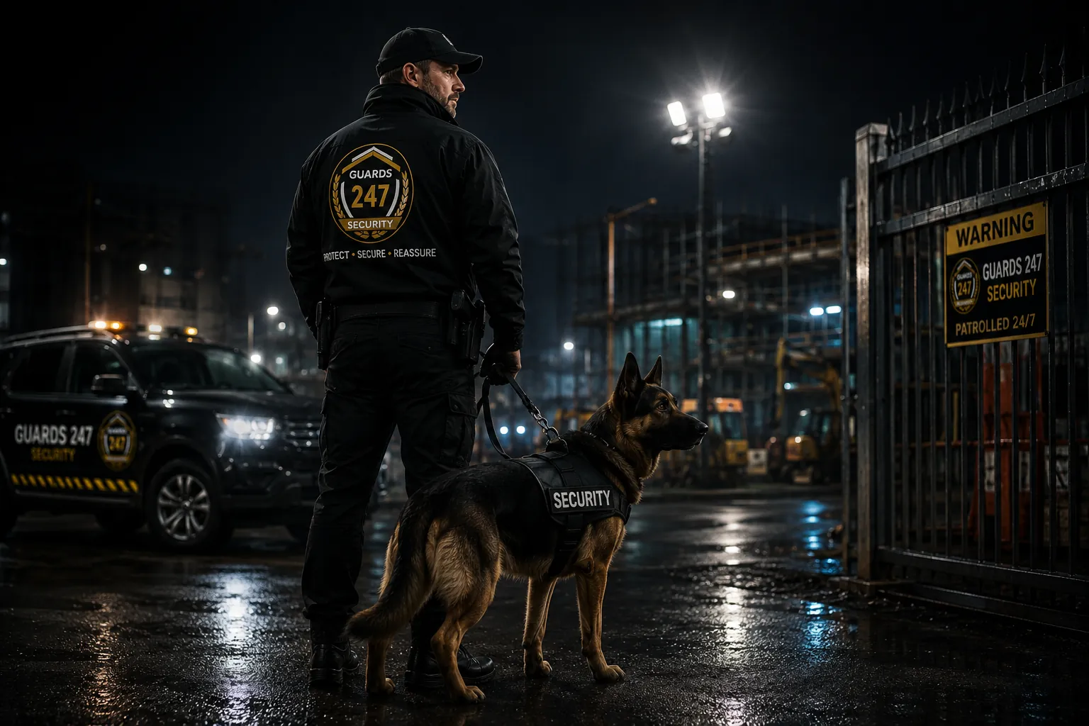 Guards 247 security dog handler on site