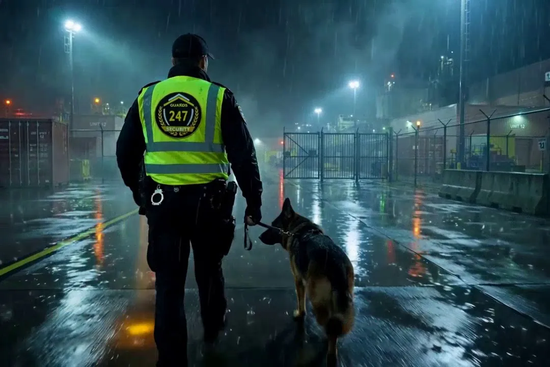 Security dog handler in a Guards 247 hi-vis vest patrolling a wet yard at night with a German Shepherd