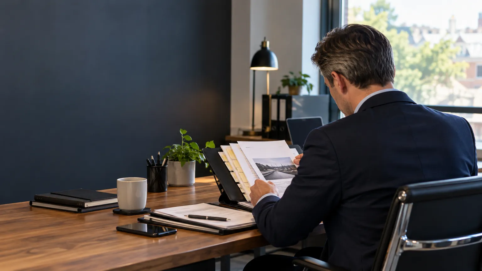 Investigator reviewing case documents at a desk in a private office