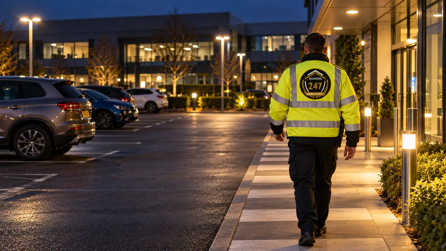 Security officer patrolling a commercial car park in the evening