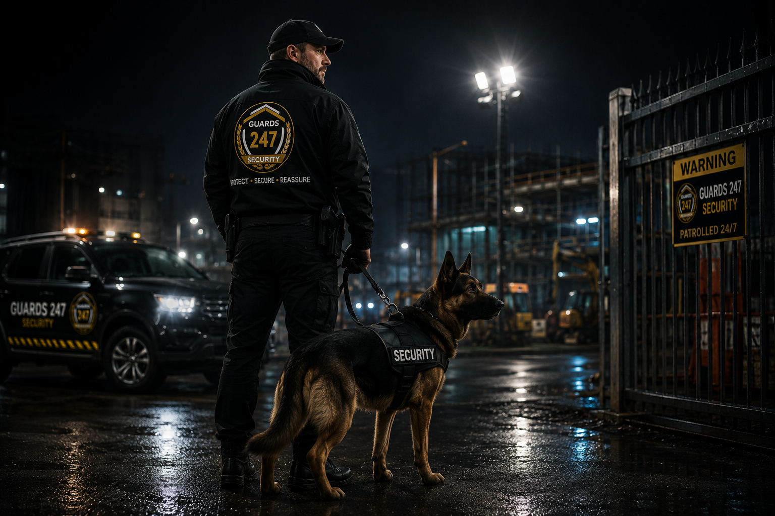 Guards 247 security dog handler on site