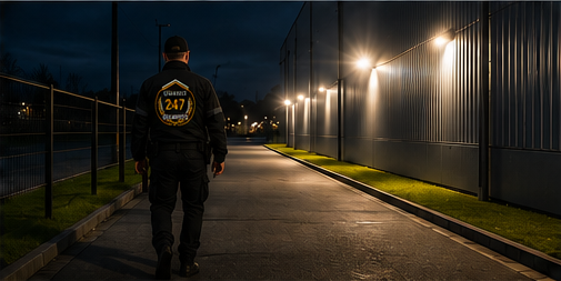 Guards 247 security officer patrolling a commercial site perimeter at night