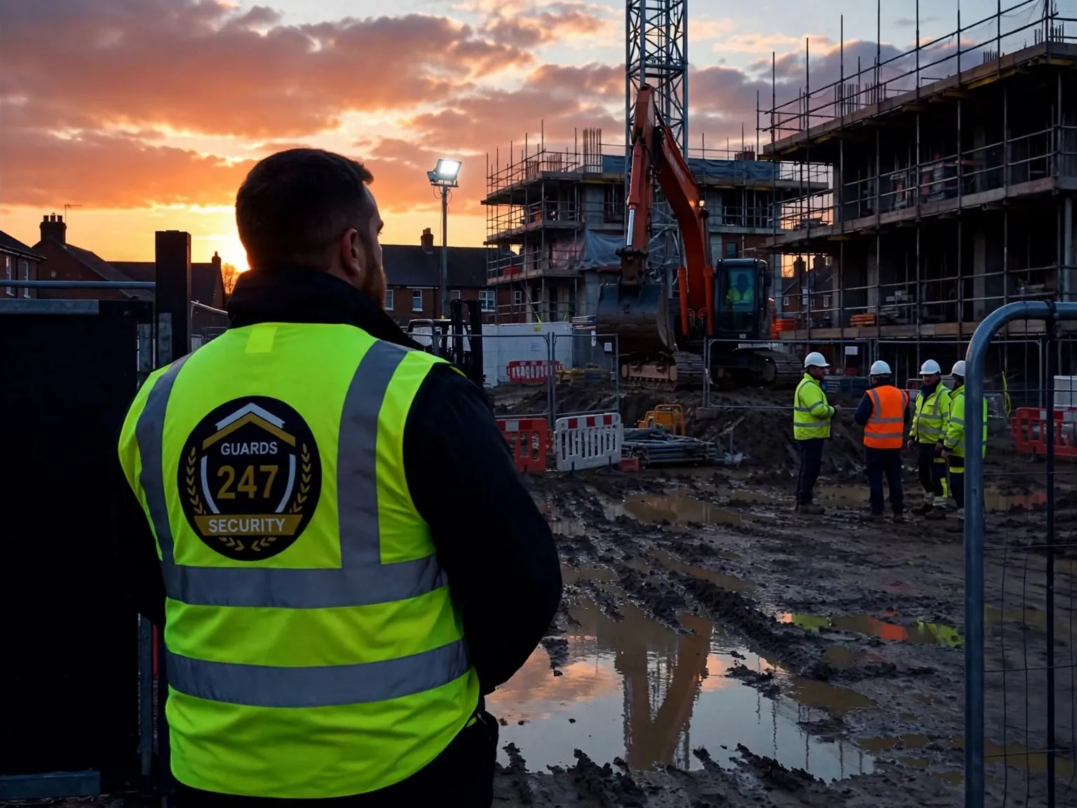 Guards 247 security officer overlooking an active construction site at dusk
