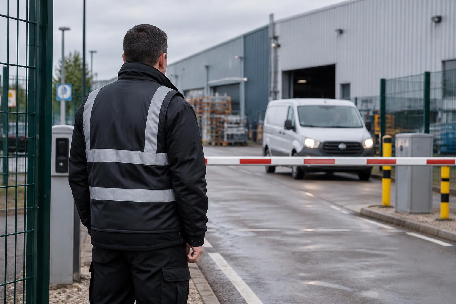 Guards 247 security officer controlling vehicle and contractor access at an industrial manufacturing site