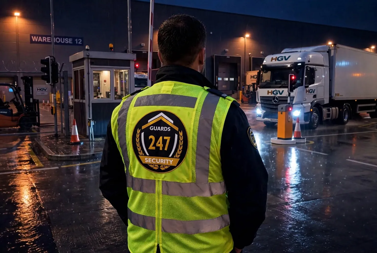 Security officer in a Guards 247 hi-vis vest watching an HGV approach a warehouse gatehouse at night