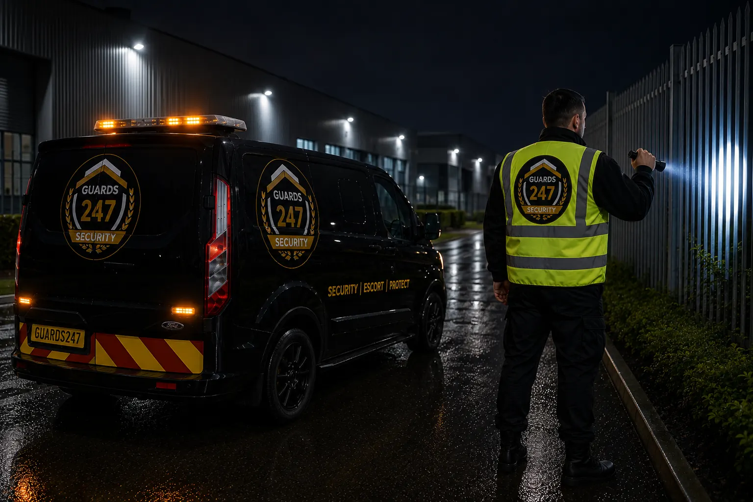 Guards 247 mobile patrol officer beside a branded vehicle at a secured site