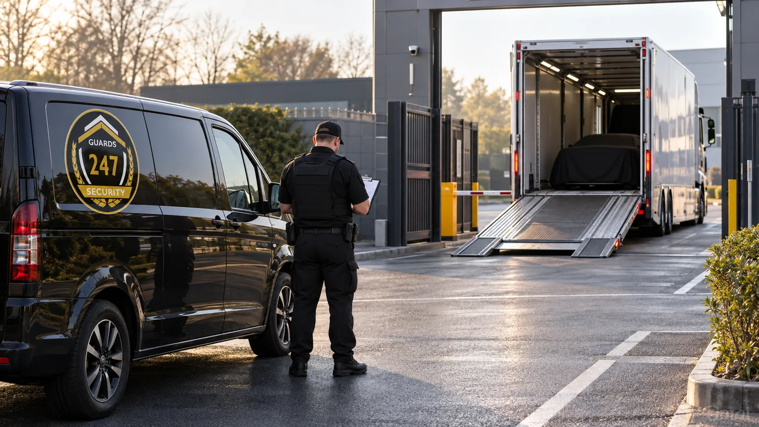 Branded support vehicle accompanying a covered vehicle arriving at a facility