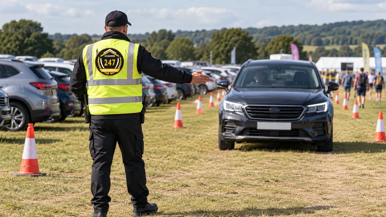 Security personnel directing vehicles in an event car park
