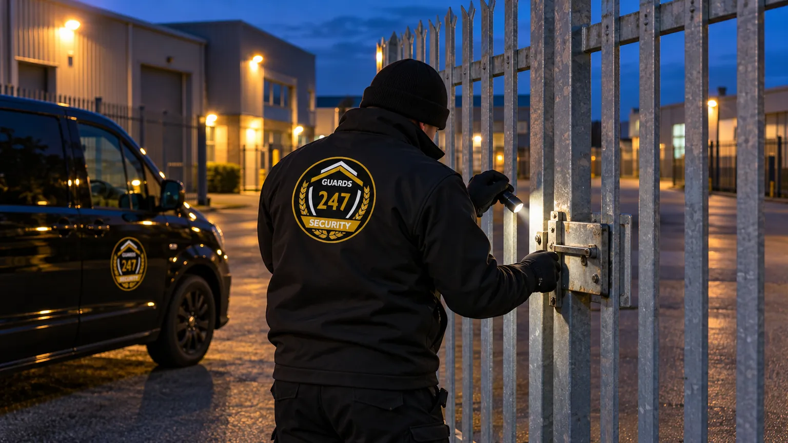 Guards 247 officer checking a padlocked palisade gate with a torch beside a branded patrol vehicle