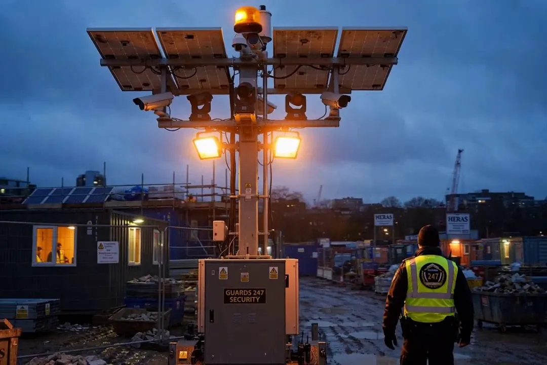 Solar-powered mobile CCTV tower with cameras on a construction site at dusk, with a Guards 247 officer nearby