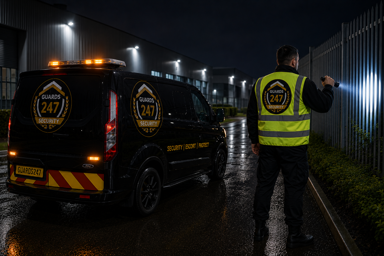 Guards 247 mobile patrol officer beside a branded vehicle at a secured site