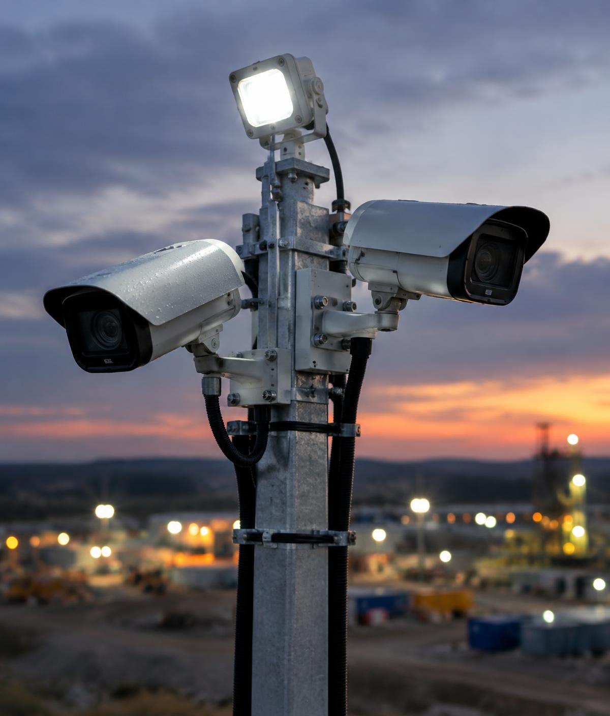 Close-up of cameras and a light mounted on a CCTV tower mast at dusk