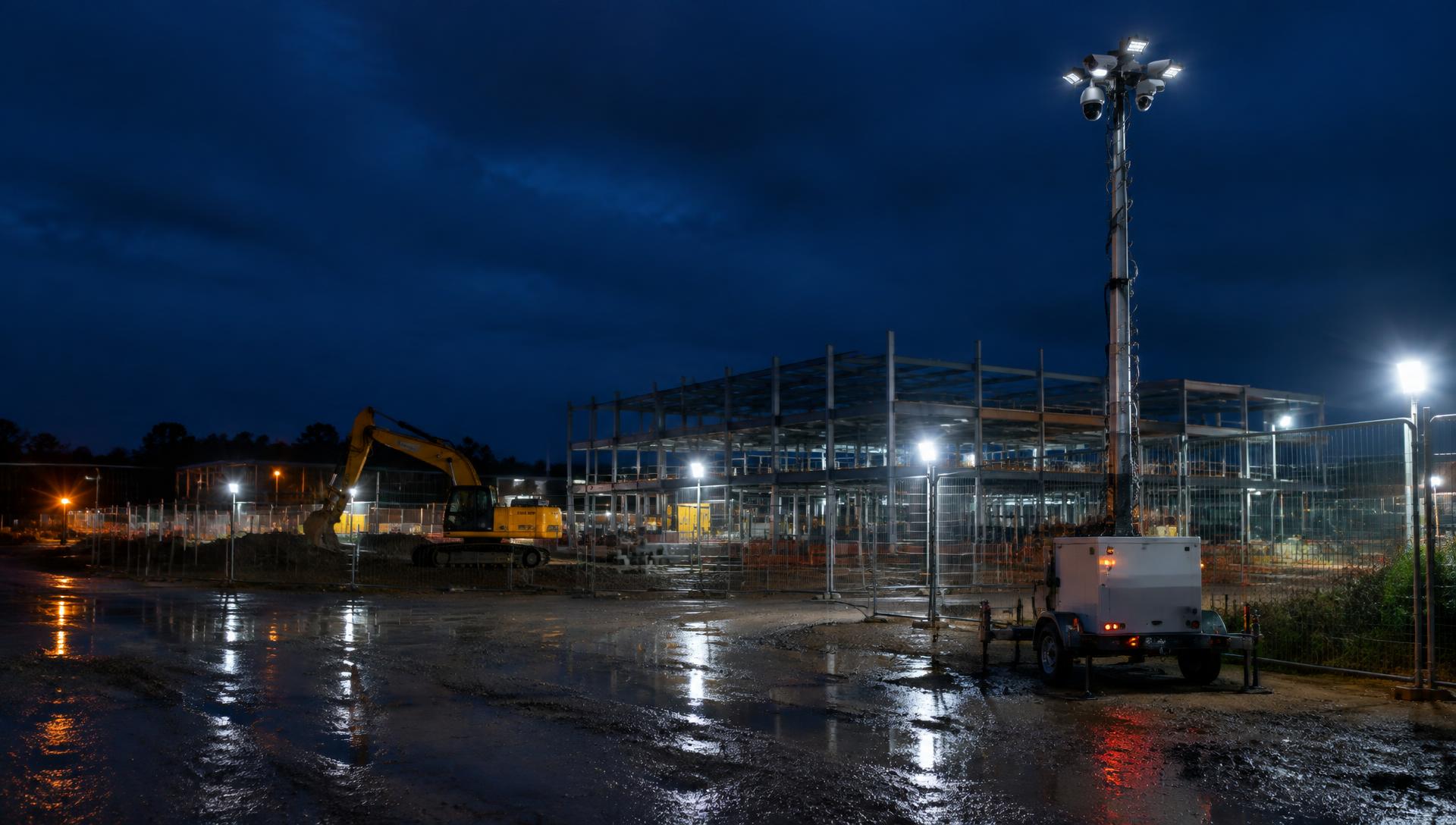 Mobile CCTV tower overlooking a UK construction site at night