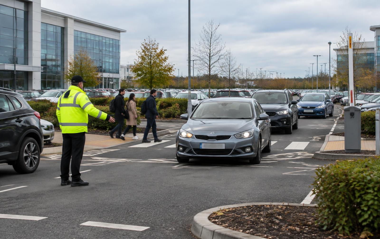 Security personnel supporting vehicle and pedestrian movement at a UK business park car park