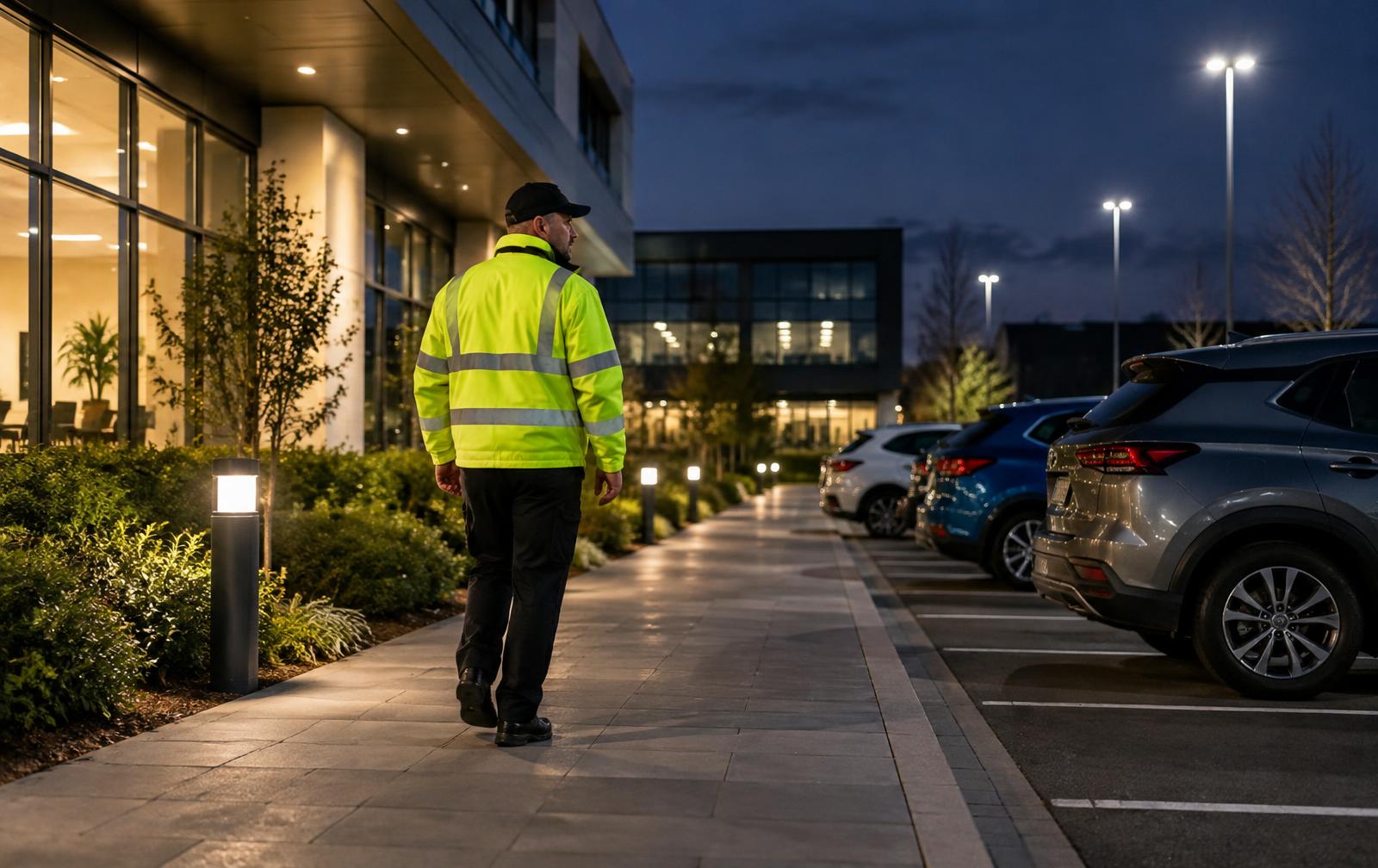 Security officer patrolling a commercial car park and pedestrian walkway at night