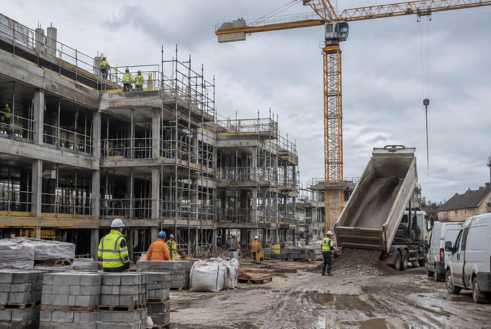 A busy UK construction site during working hours with workers, a crane and a delivery lorry