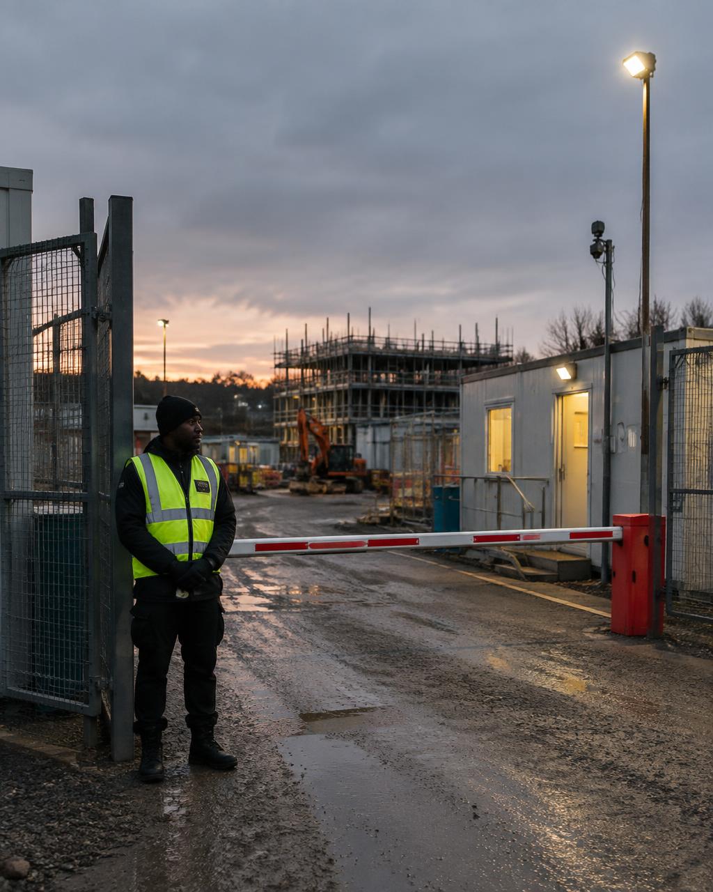 Security officer at the closed entrance of a UK construction site at dusk