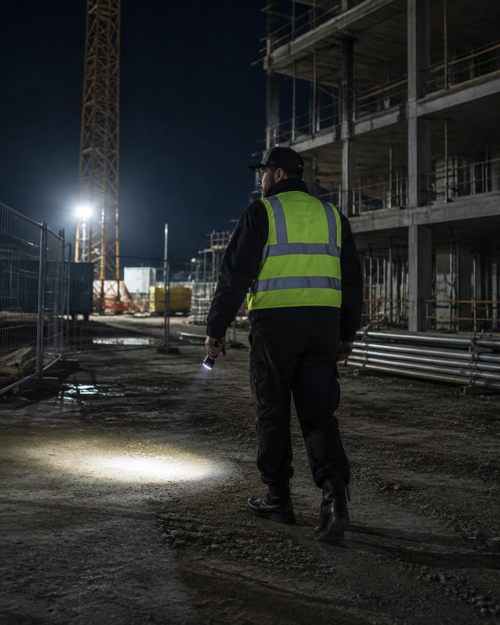 A security officer with a torch patrolling an unfinished construction development at night