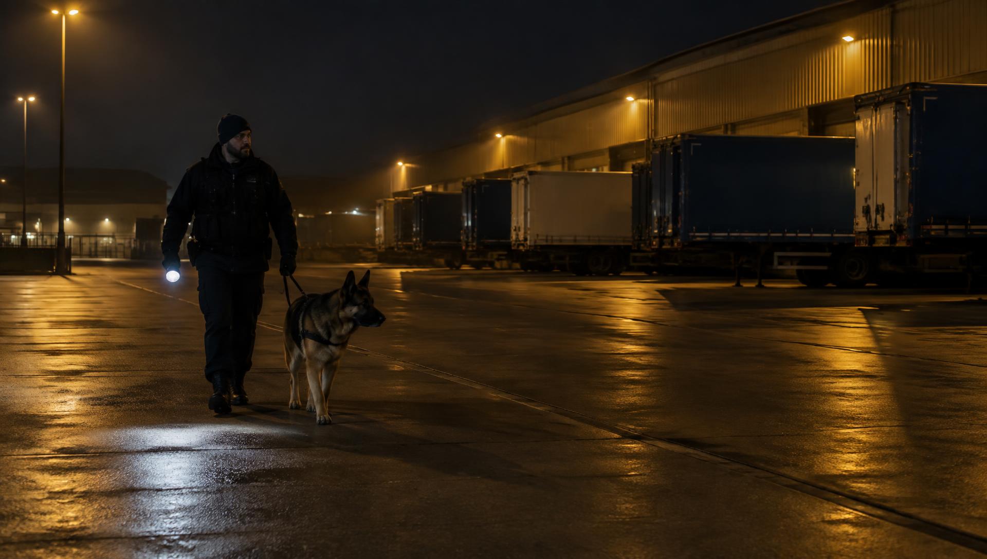 Security dog handler with torch and German Shepherd patrolling a warehouse trailer yard at night