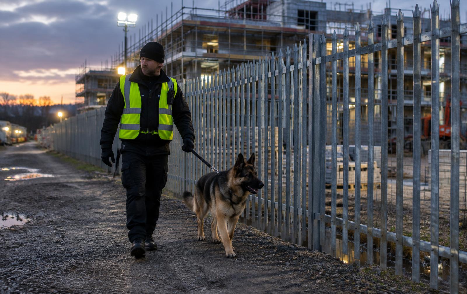 Security dog handler walking a German Shepherd along a construction site perimeter fence at dusk