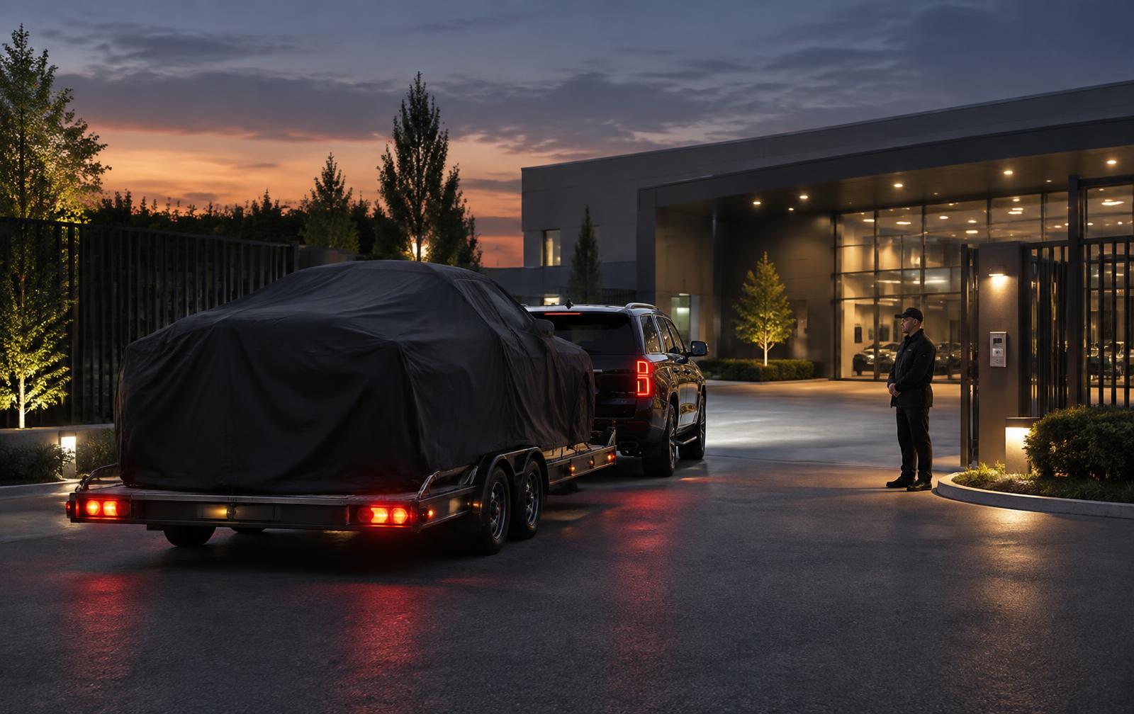 Covered specialist vehicle arriving at a controlled automotive facility