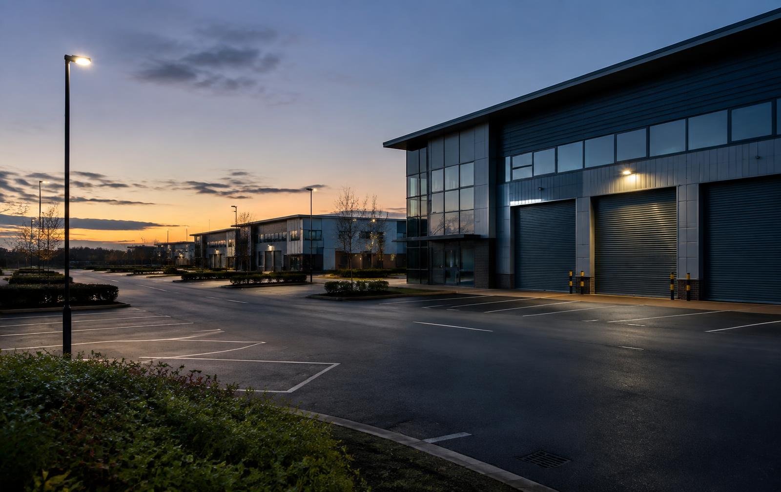 UK business park at dusk with closed roller shutters and an empty car park