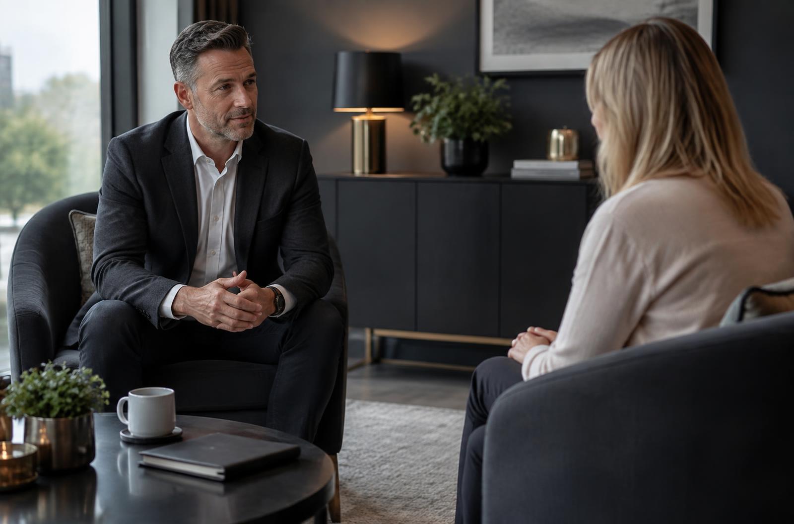 A calm confidential conversation in a private professional setting
