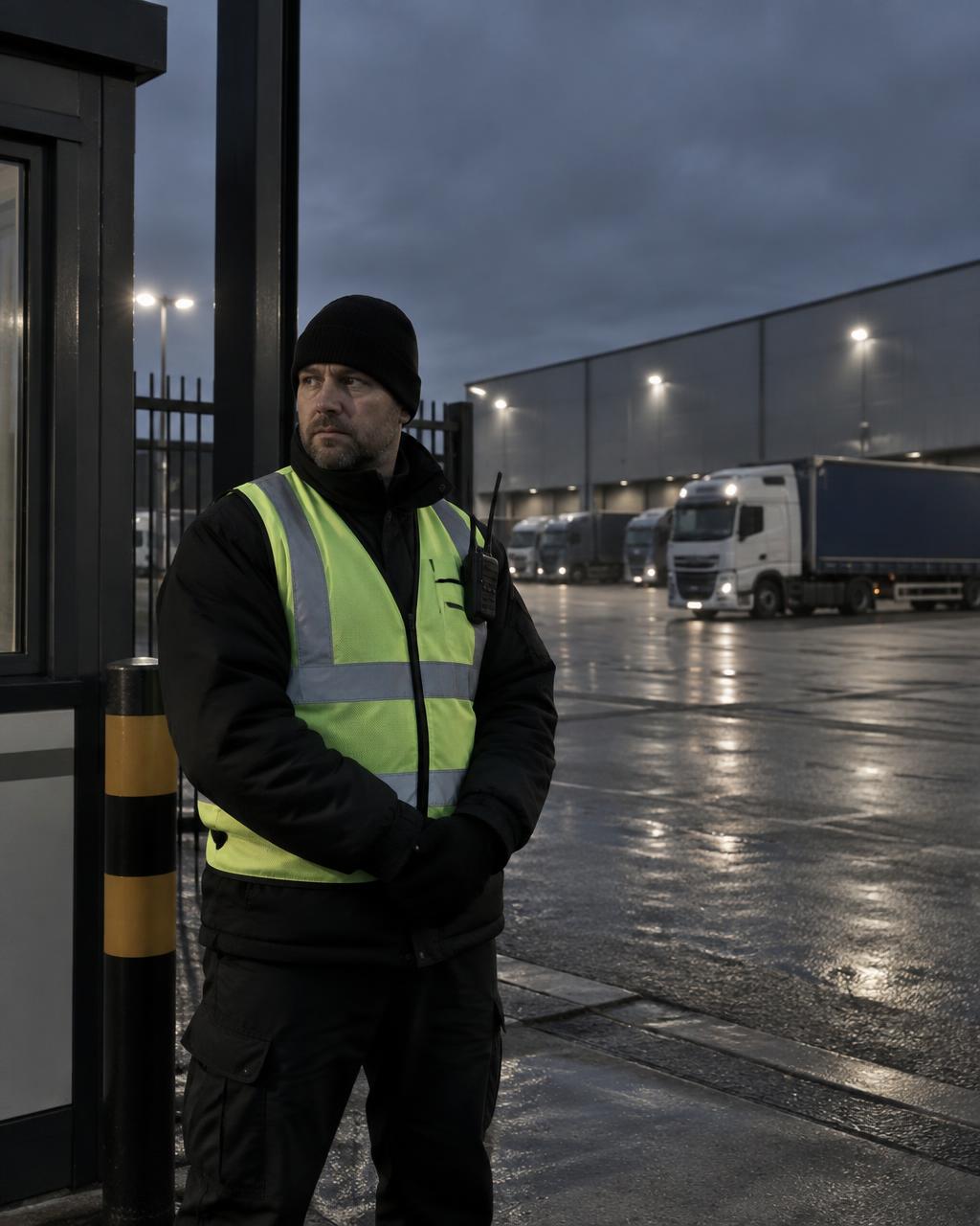 Security officer at the entrance of a logistics distribution centre with HGVs in the yard at dusk