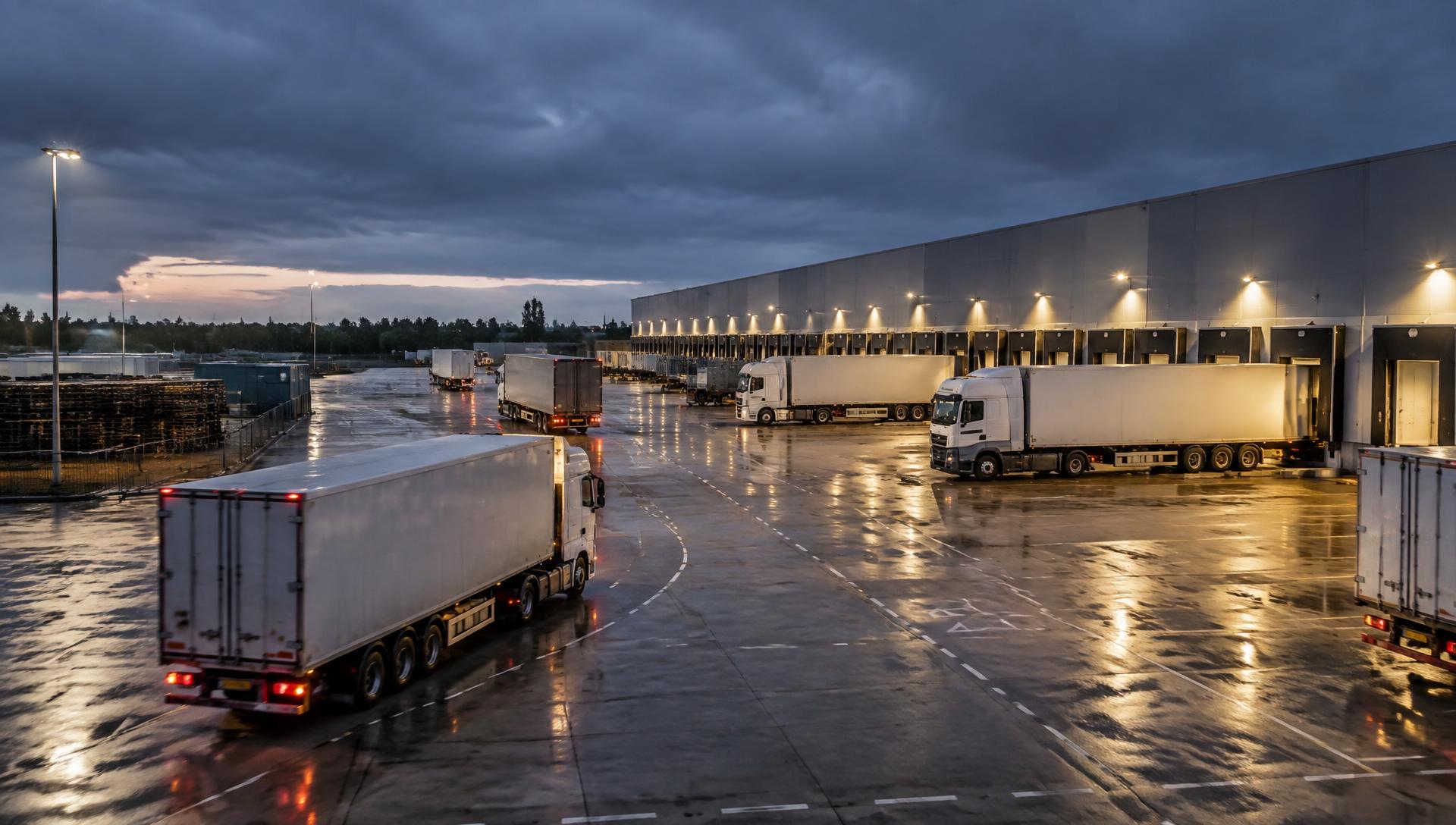 HGVs moving through the yard of a large distribution centre at dusk