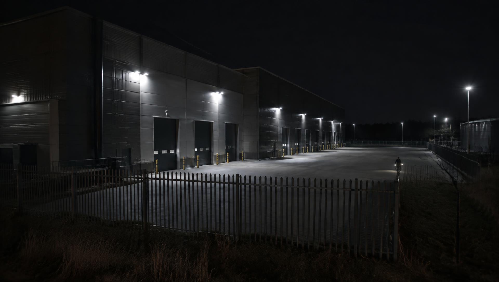 Floodlit warehouse service yard and perimeter fence at night